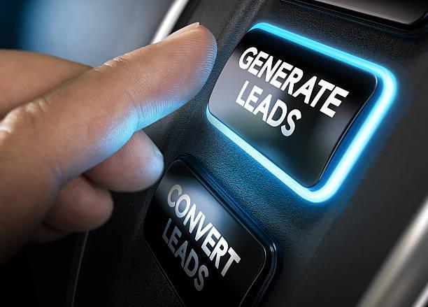 Generating and Converting Sales Leads Hand about to press a generate leads button with blue light over black background. Concept of lead management. Composite between a photography and a 3D background. Horizontal image  Lead Generation stock pictures, royalty-free photos & images